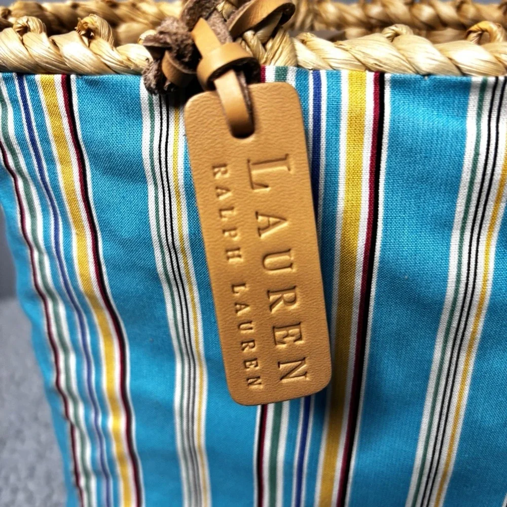 Lauren Ralph Lauren Tote Bag Blue Striped Fabric Straw Handle Vacation Beach